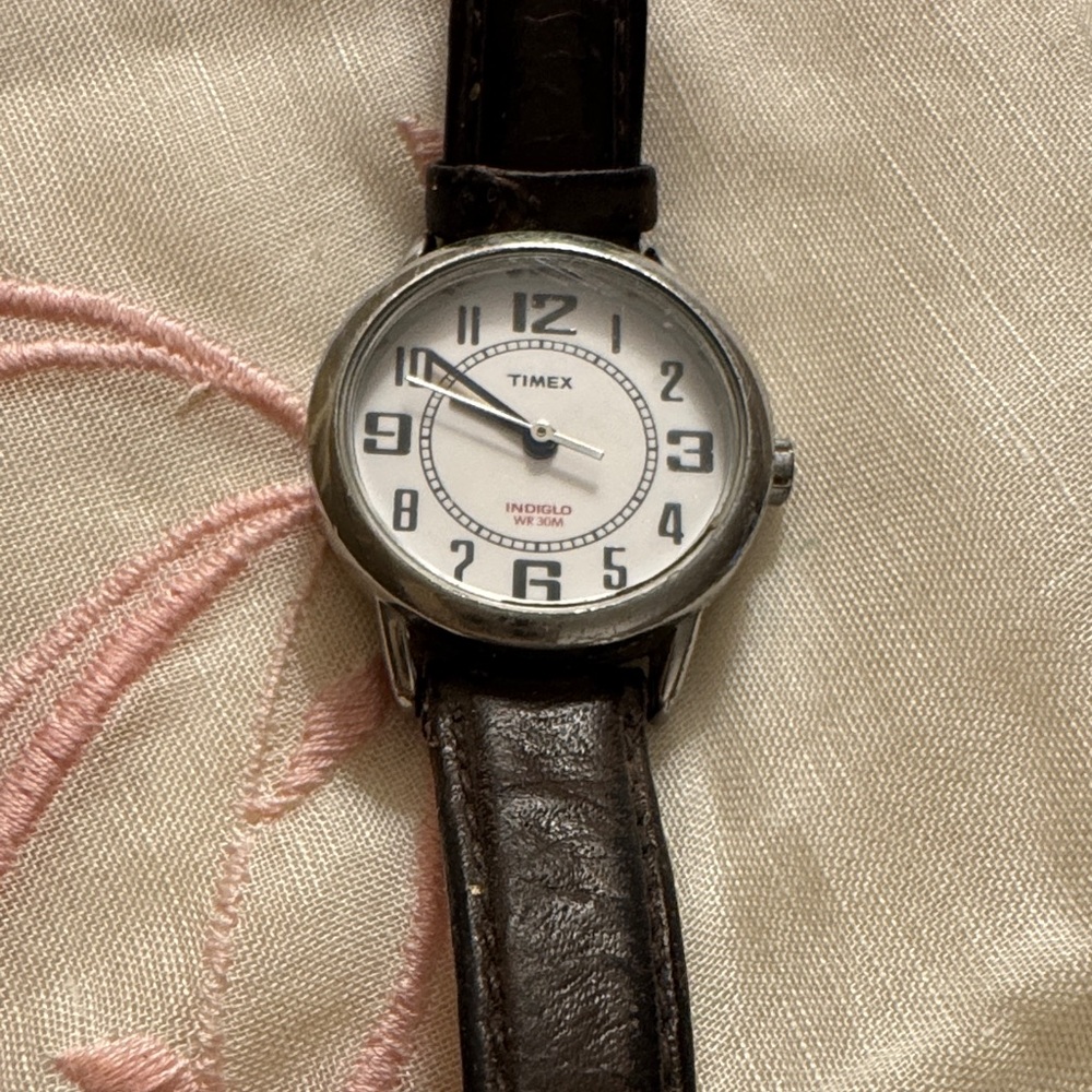 Timex Silver Case Watch with White Dial and Brown Leather Strap